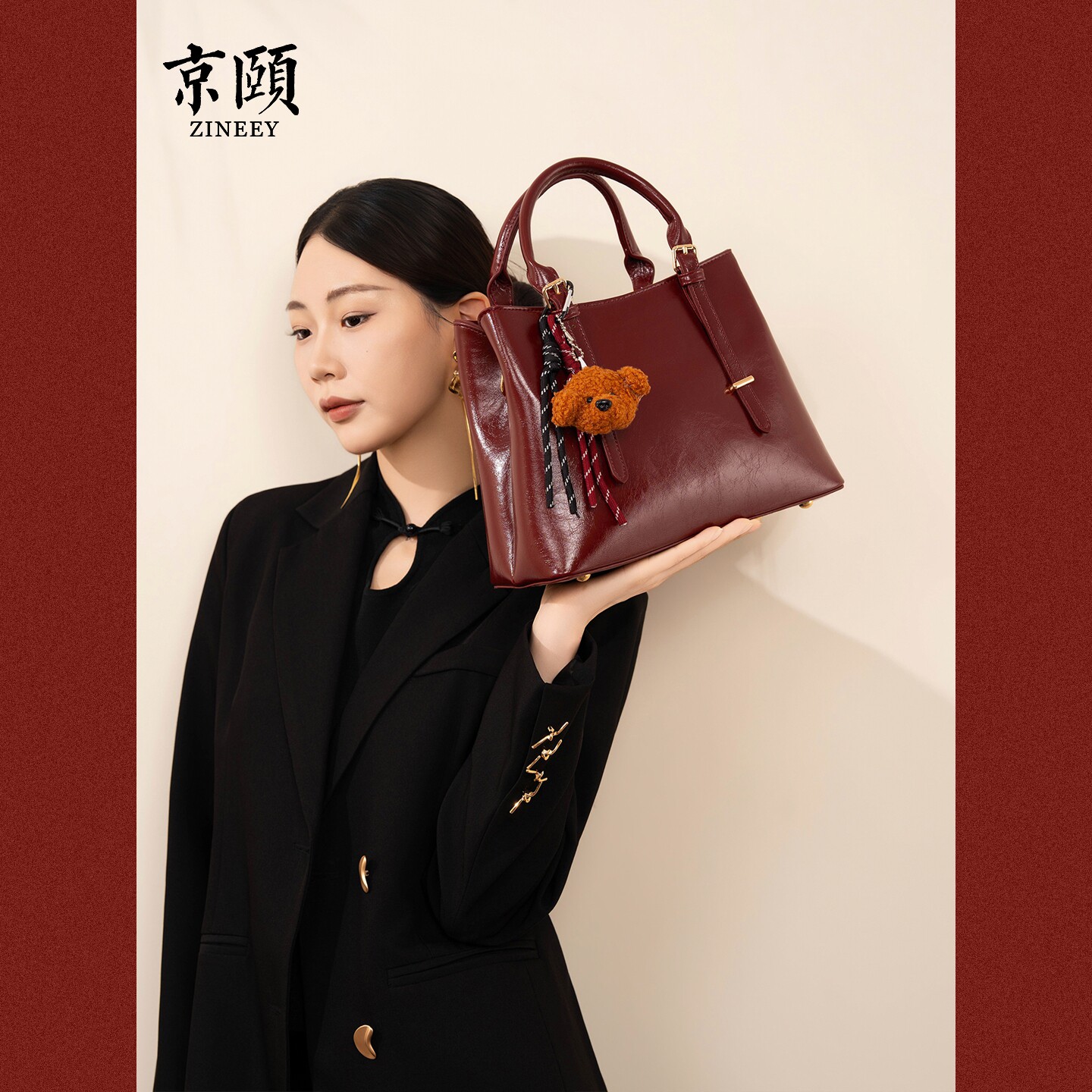 酒红色油蜡皮手提包 轻奢大容量新娘结婚斜挎包 日常通勤两用女包