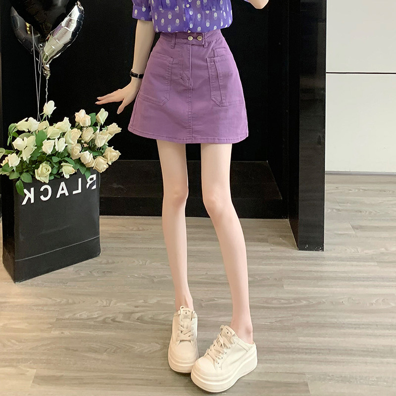 紫色牛仔半身裙女夏季新款高腰显瘦辣妹风小个子a字包臀裙短裙潮