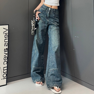 辣妹烫钻阔腿牛仔裤女春夏秋季新款休闲高腰显瘦宽松直筒长裤子潮