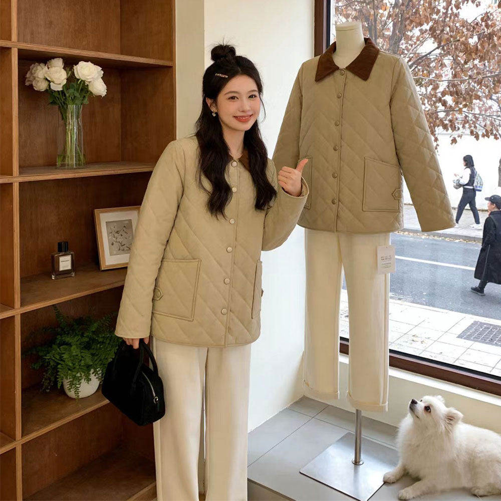 韩系休闲翻领菱格棉服女2025年秋冬新款宽松时尚撞色减龄棉衣外套,女装/女士精品,棉衣/棉服,淘宝优惠券,粉丝福利购,淘宝优惠卷