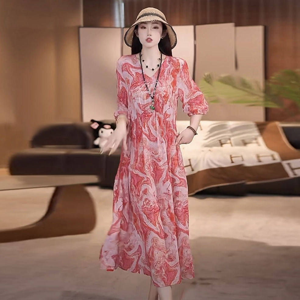 高级感时尚法式连衣裙女2026夏季新款宽松气质中长款遮肚过膝裙子