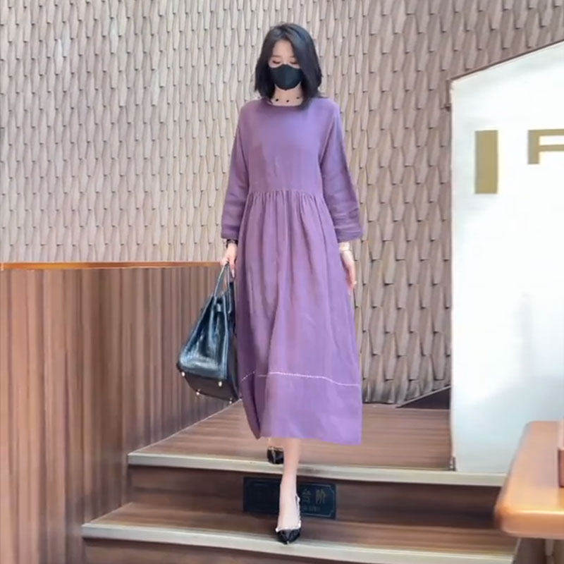 高品质宽松减龄连衣裙女2025年秋季新款纯色遮肚大码气质过膝长裙,女装/女士精品,连衣裙,淘宝优惠券,粉丝福利购,淘宝优惠卷