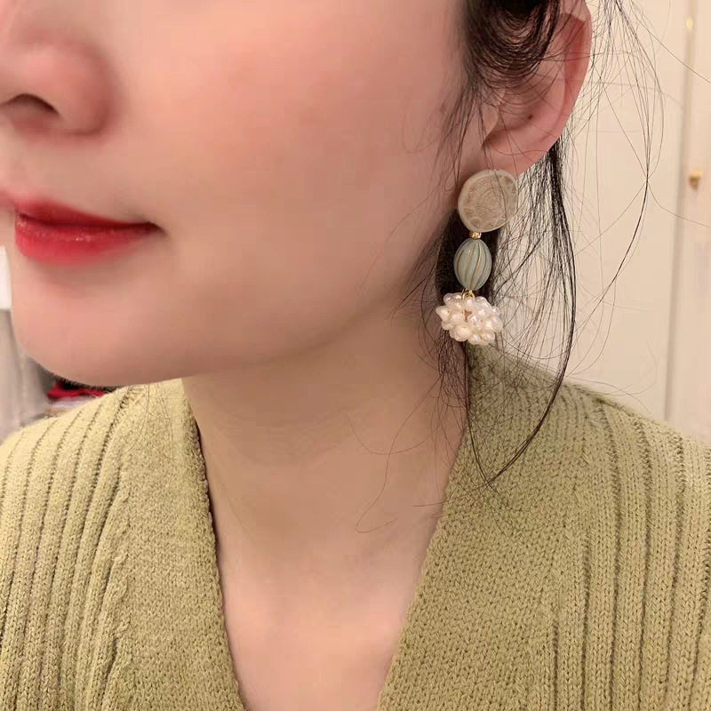 法式复古小众昭和感日系超仙薄荷绿仿珍珠古董珠耳环耳夹耳饰包邮