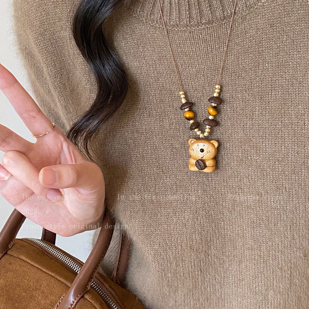 美拉德虎眼石串珠长款项链女可爱木质小熊咖啡豆毛衣链学生党配饰