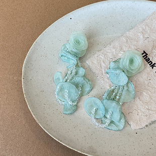 薄荷曼波绿色海边度假风水晶花朵流苏耳钉女长款夸张大气耳环耳饰