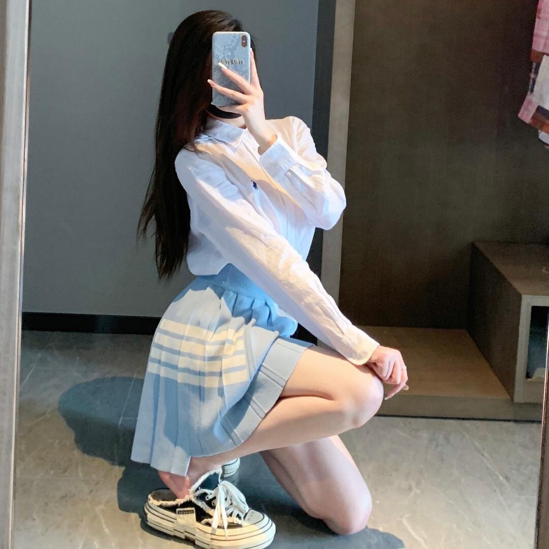 TB女士夏季新款百褶裙休闲百搭显瘦短裙经典四杠针织百褶裙