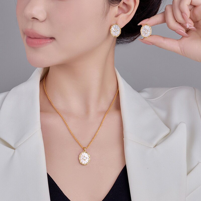 新款椭圆天然贝母耳环女复古镂空贝壳几何设计项链高级感时尚首饰