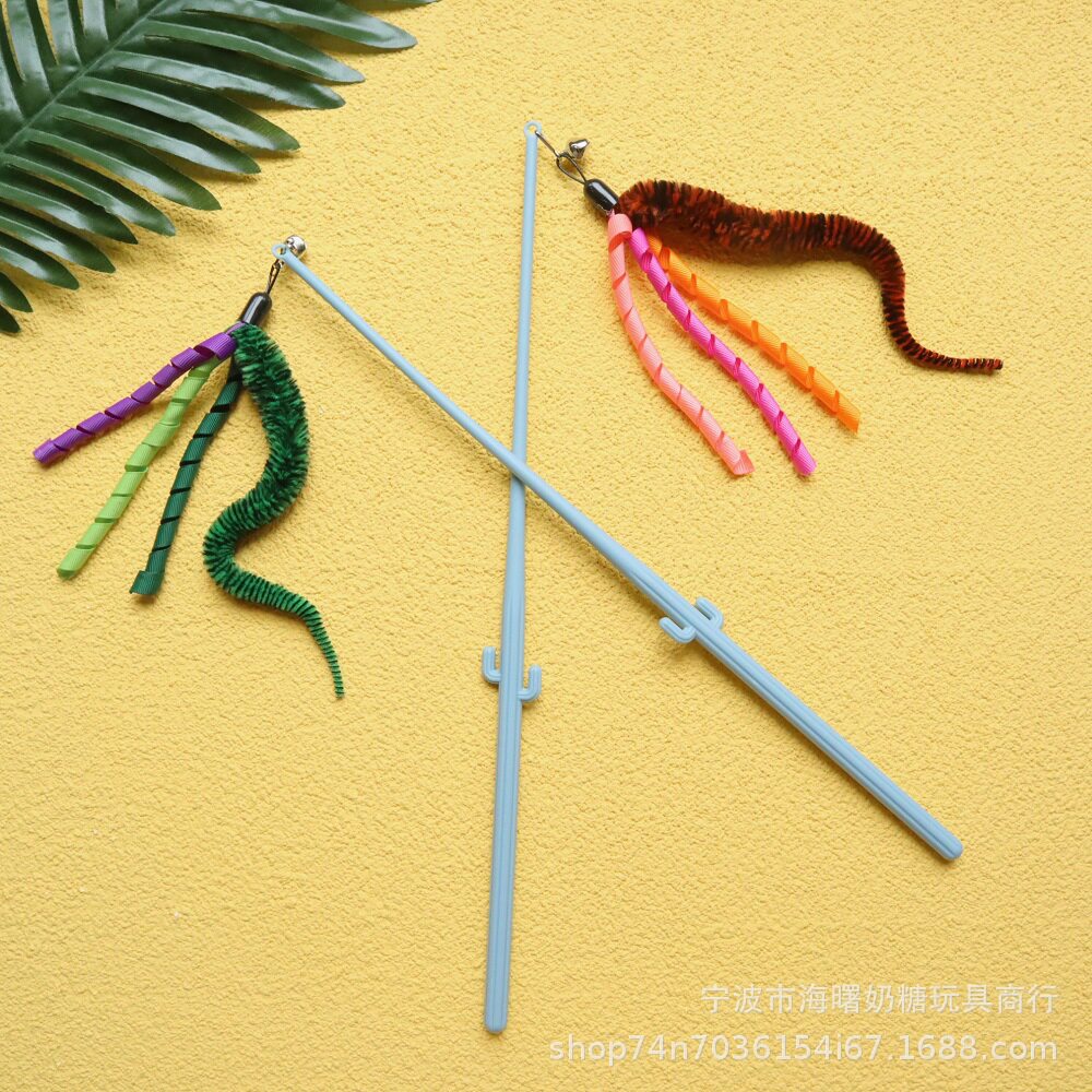 卷卷丝带毛毛虫逗猫棒替换头仙人掌手柄逗猫杆互动追捕宠物用品