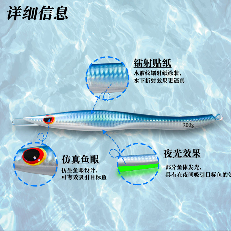 新品日本S铁板铅鱼镭射全夜光快抽 慢摇铁板饵船钓路亚饵150-300g
