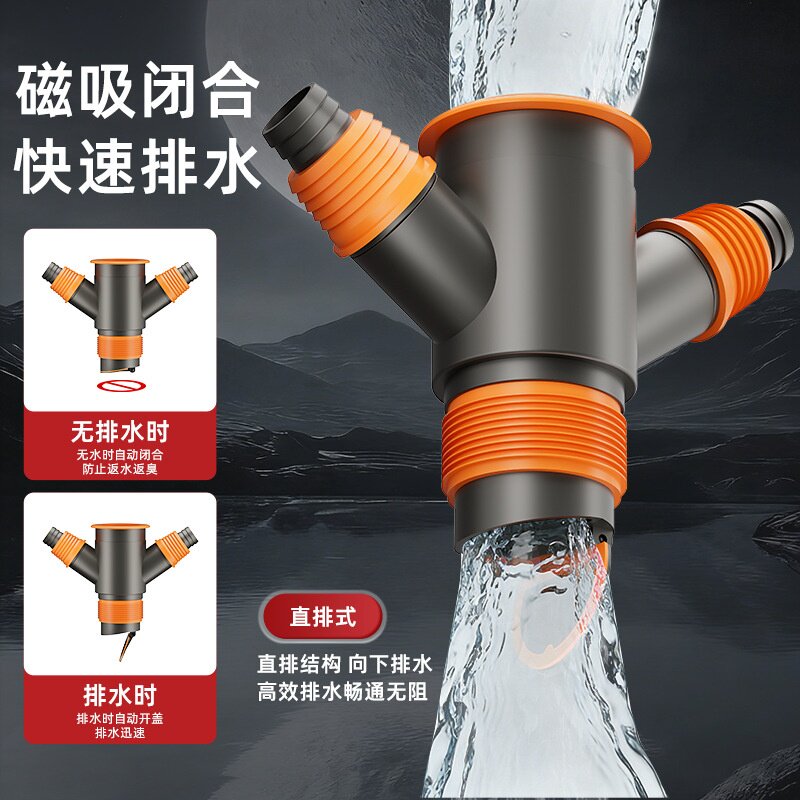 阳台洗衣机下水三通二合一排水管道地漏接头分水器防溢水防臭神器