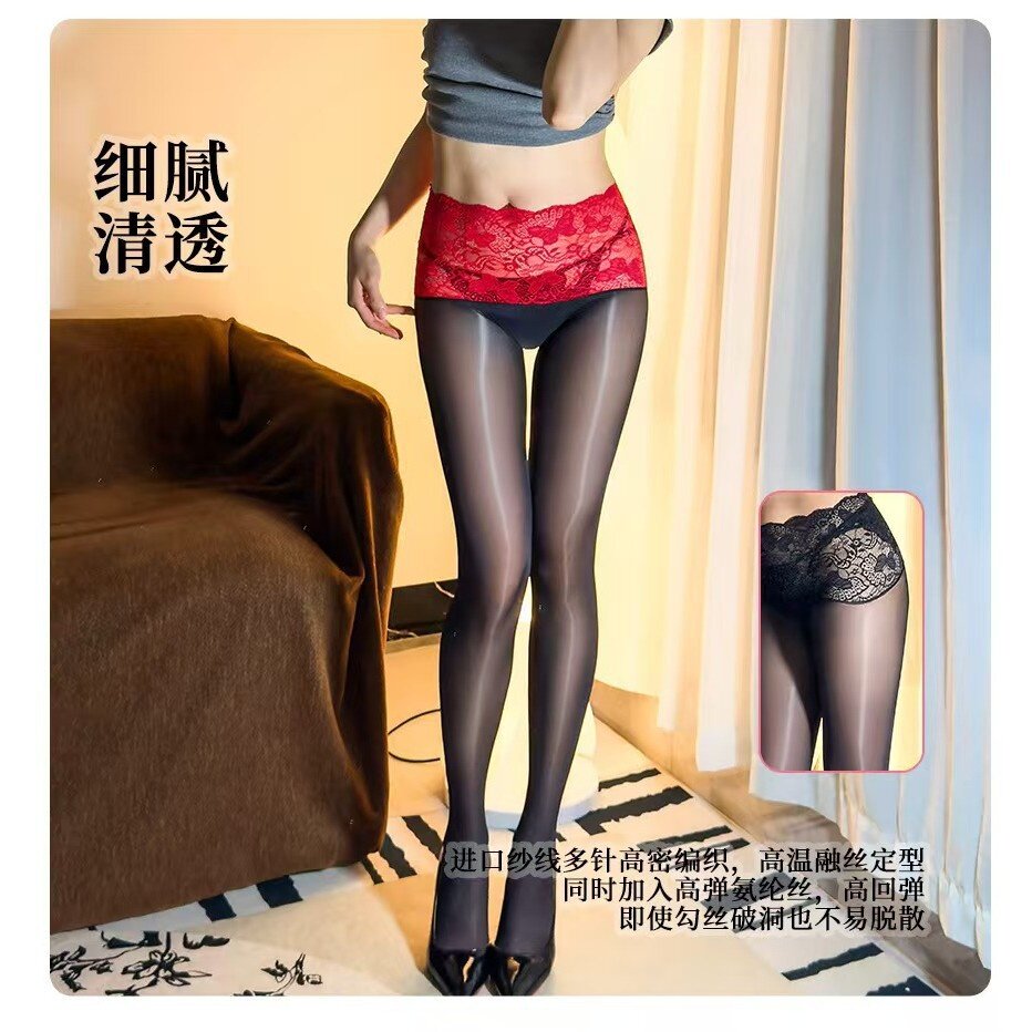 极光超薄细腻油亮马油黑丝袜女纯欲蕾丝边性感带脚型无痕裆袜批发