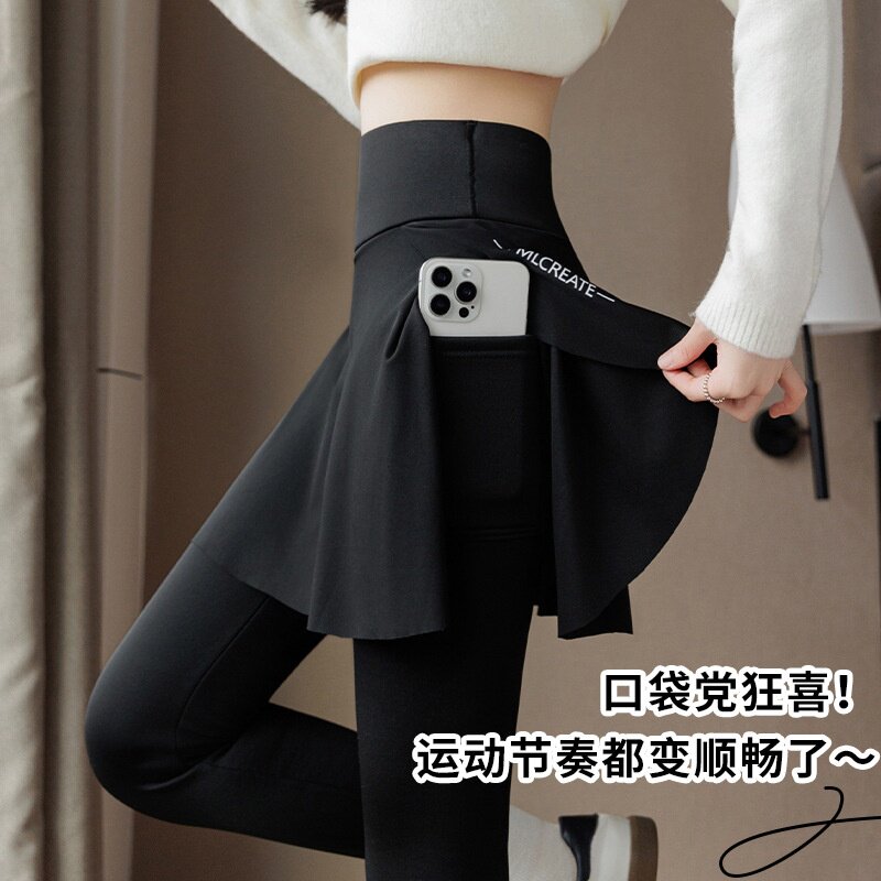 冬保暖长裤高腰遮臀假两件动健身裤裙女跑步修身瑜伽裤子