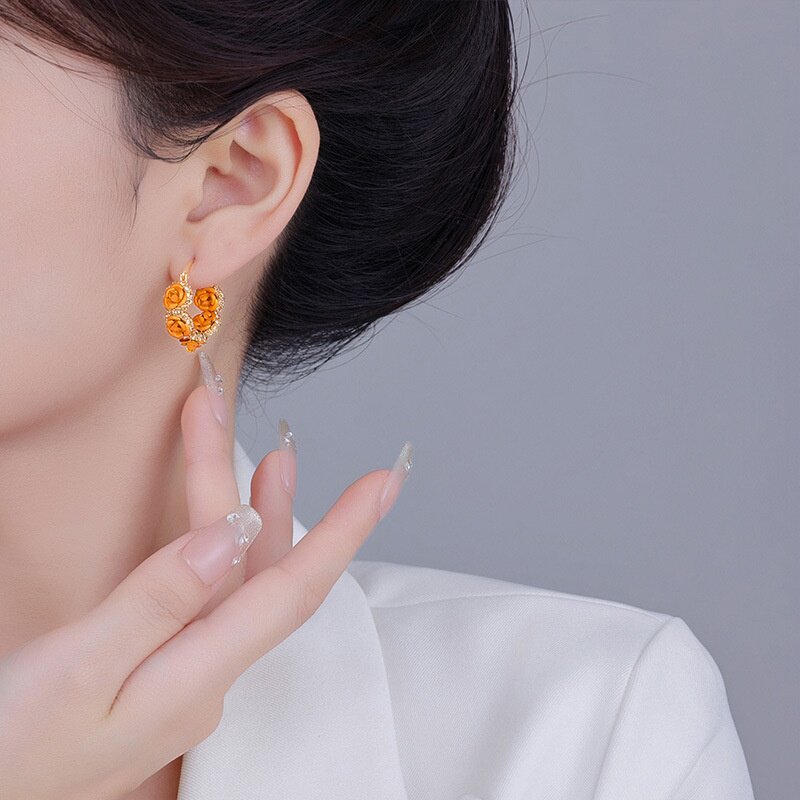 中古风香槟玫瑰花耳环女精致时尚高级感轻奢耳扣潮流个性设计耳饰