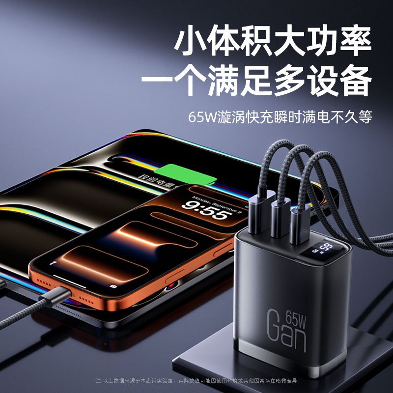 智能数显氮化镓45/65W三口充电头适用于苹果安卓平板手机PD充电器