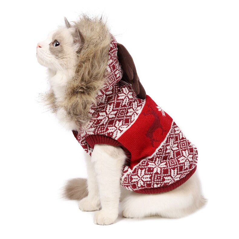 秋冬新款圣诞麋鹿复古戴帽毛领加厚保暖宠物衣服雪花猫咪大狗毛衣