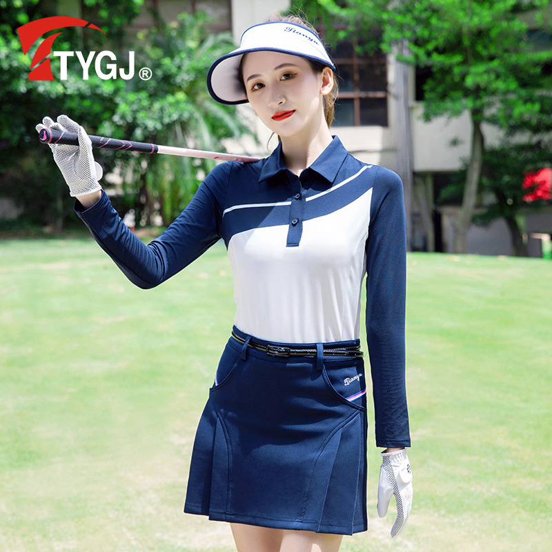 跨境供应高尔夫球女装女士长袖T恤polo衫撞色翻领运动球服上衣