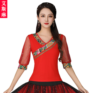 广场舞服装上衣夏季新款跳舞衣服莫代尔中袖夏装复古舞蹈演出服女