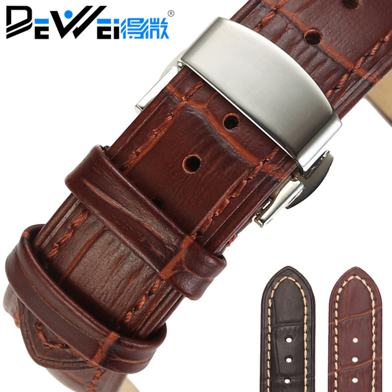 时尚小牛皮手表带自动蝴蝶双按扣真皮柔软头层牛皮表链防水接口