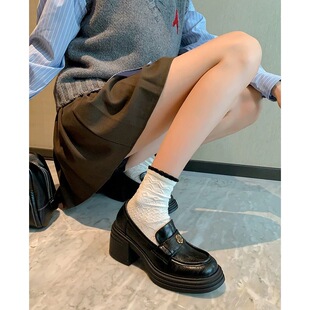 小个子软皮英伦风真皮厚底乐福鞋女2026一脚蹬山茶花粗跟小皮鞋