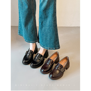 复古通勤单鞋 双排扣英伦风厚底乐福鞋 女2026皮带扣一脚蹬小皮鞋