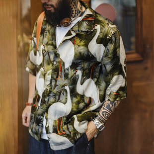 马登工装复古港风仙鹤花衬衫古巴领浮世绘天丝夏威夷短袖衬衣男夏