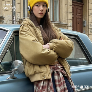 马登卡其色美式复古宽松飞行员夹克连帽工装夹棉衣服外套女士秋冬