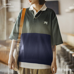 马登夏日美式 T恤女 复古拼接撞色POLO衫 学院风刺绣日系宽松短袖