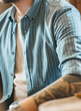马登工装 美式复古磨毛阿美咔叽蓝色竖条纹长袖衬衫休闲衬衣男春