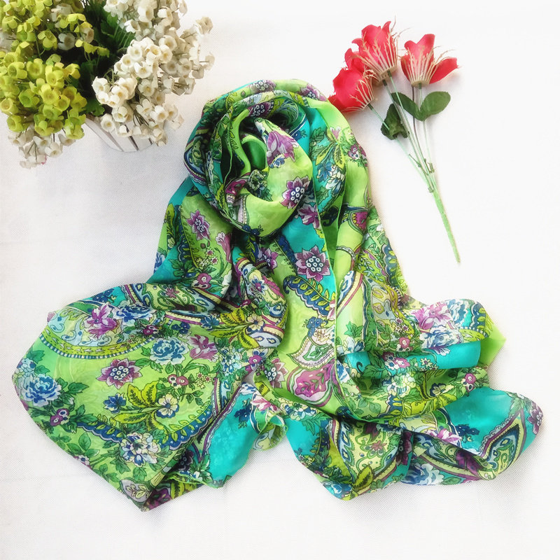 女士长款真丝围巾 绿色碎花腰果桑蚕丝披肩大方巾丝巾薄纱巾