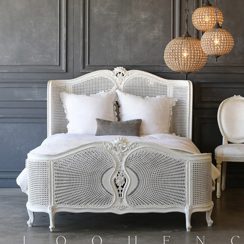 法式美式实木雕花白色做旧包藤艺双人床简约欧式田园主卧室大床