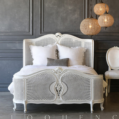 法式美式实木雕花白色做旧包藤艺双人床简约欧式田园主卧室大床