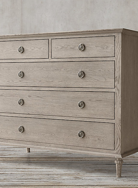 浅风化灰色橡木五斗柜实木美式乡村全实木卧室边柜复古做旧储物柜