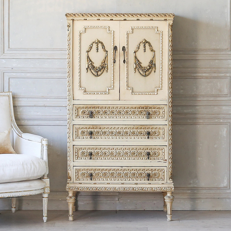 法式实木雕花复古2门衣柜卧室做旧衣橱欧式公主风收纳高边柜定制