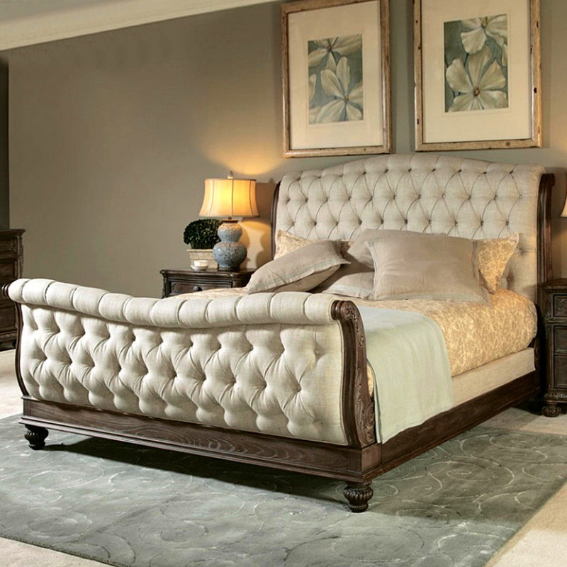 美式实木雕刻复古做旧布艺拉扣床头板高背婚床1.82.2古董家具定制