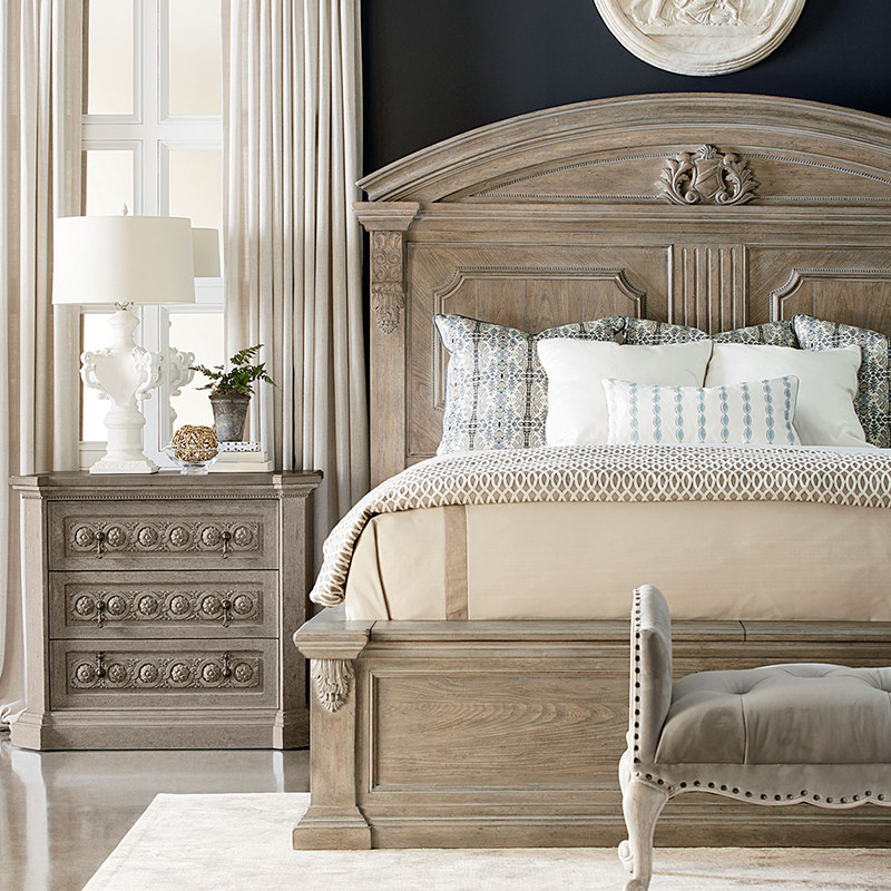 高端定制美式法式乡村实木橡木雕花复古做旧双人床原木风华灰色床