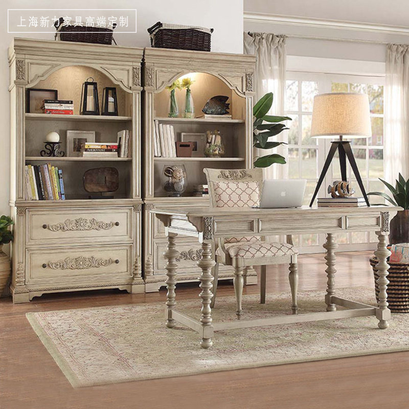 欧式实木书柜白色做旧美式法式全实木雕花仿古书架多层展示柜收纳