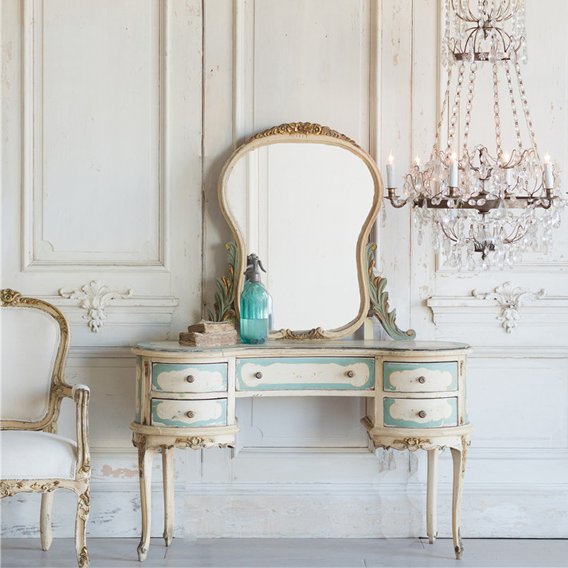高档法式雕花实木梳妆台白色复古做旧欧式圆弧形化妆桌带镜子定制