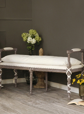 美式乡村床尾凳橡木风化灰色复古做旧绑腿布艺实木长坐凳高端定制