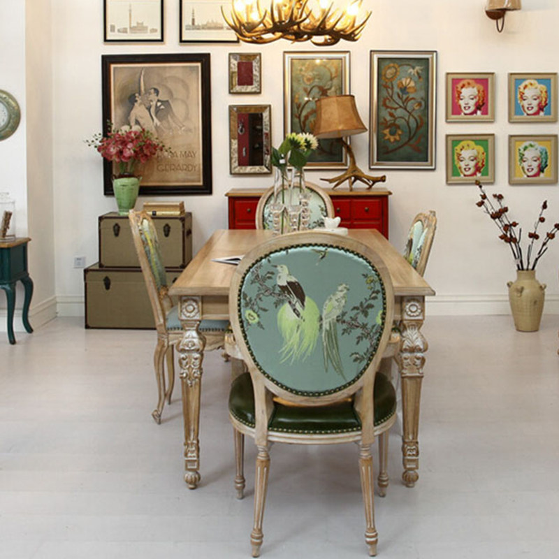 简约法美式原木风化白餐桌椅组合家用实木雕花餐厅家具出口可定制