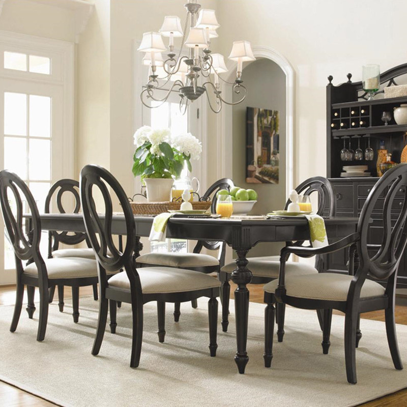 美式乡村复古黑色罗马柱实木餐桌椅组合6人8人餐厅长形大板桌定制