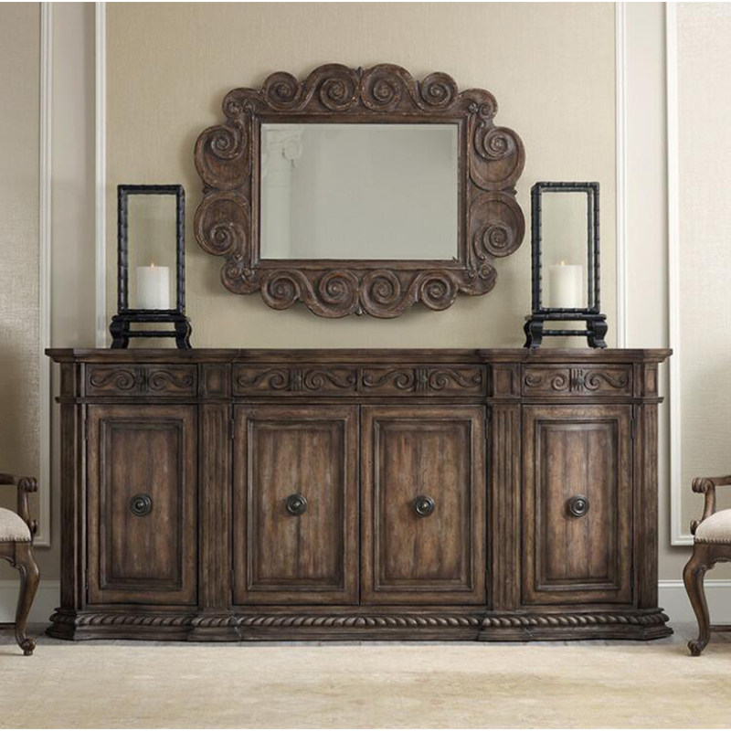 美式乡村实木雕花复古做旧4门弧形客厅餐厅玄关柜门厅储物餐边柜