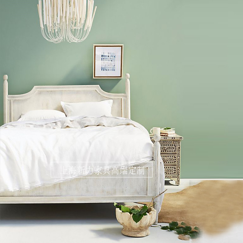 法式全实木公主床原木雕刻罗马柱仿古白做旧复古婚床双人床美式村