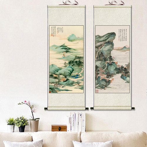 山水画泛舟图张大千卷轴画