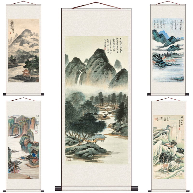 张大千树荫凉亭水墨画绿水青山名家字画书法靠山图山水国画已装裱