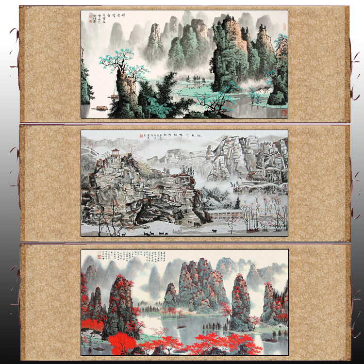 名家白描底稿新款横幅丝绸国画卷轴画漓江挂画书房装饰画白雪石画