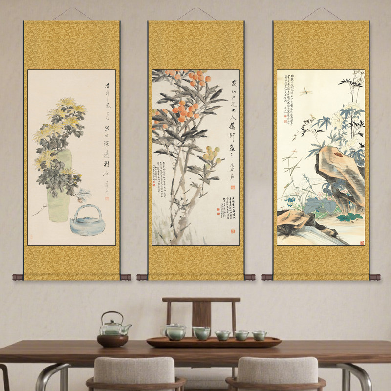 仇英山水字画仿古花鸟字画名家字画酒店装饰挂画丝绸礼品卷轴画