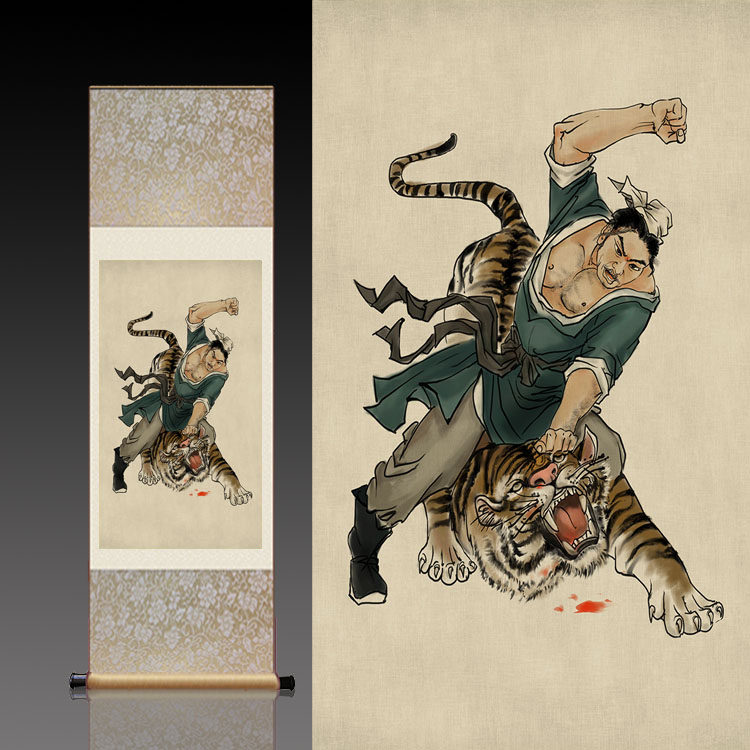 武松打虎水浒可定制已装裱卷轴画