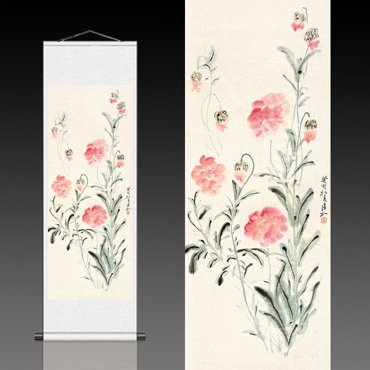 黄宾虹花鸟画国画丝绸卷轴画名家字画印刷品可定制已装裱成品