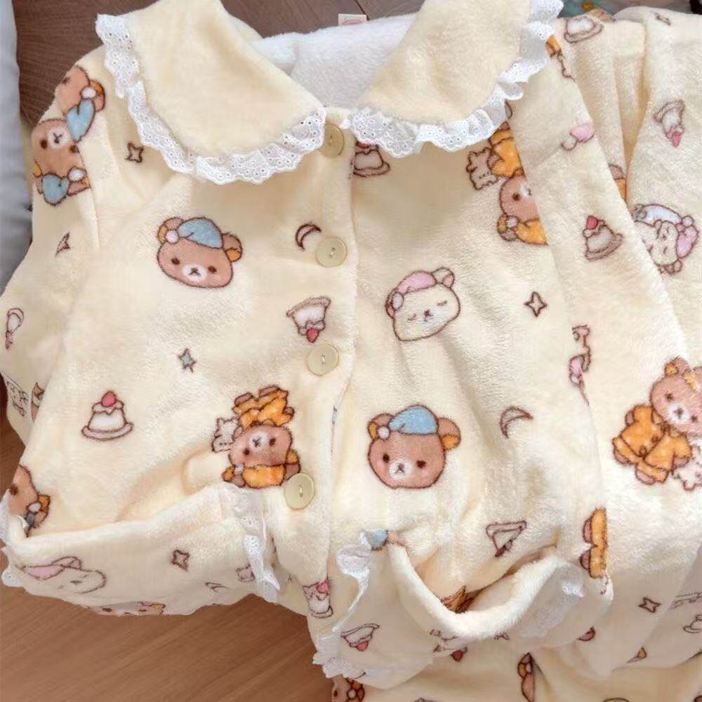 新款轻松熊法兰绒睡衣女秋冬加厚珊瑚绒甜美娃娃领蕾丝家居服套装