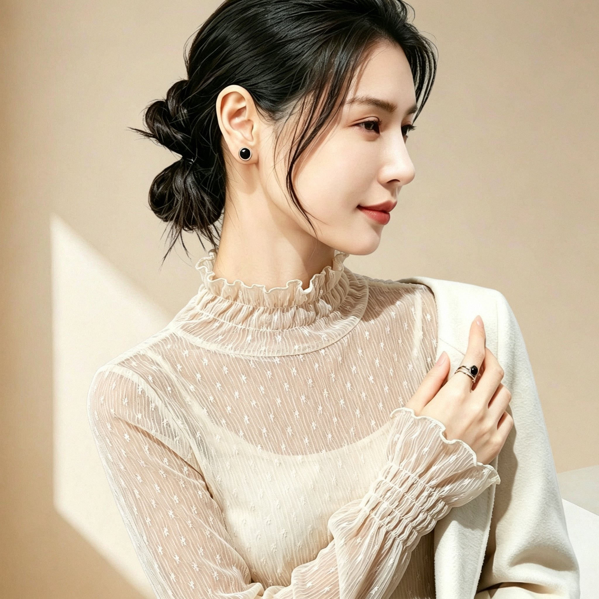 半高领内搭透明网纱打底衫女压褶甜美长袖韩版宽松喇叭袖蕾丝上衣